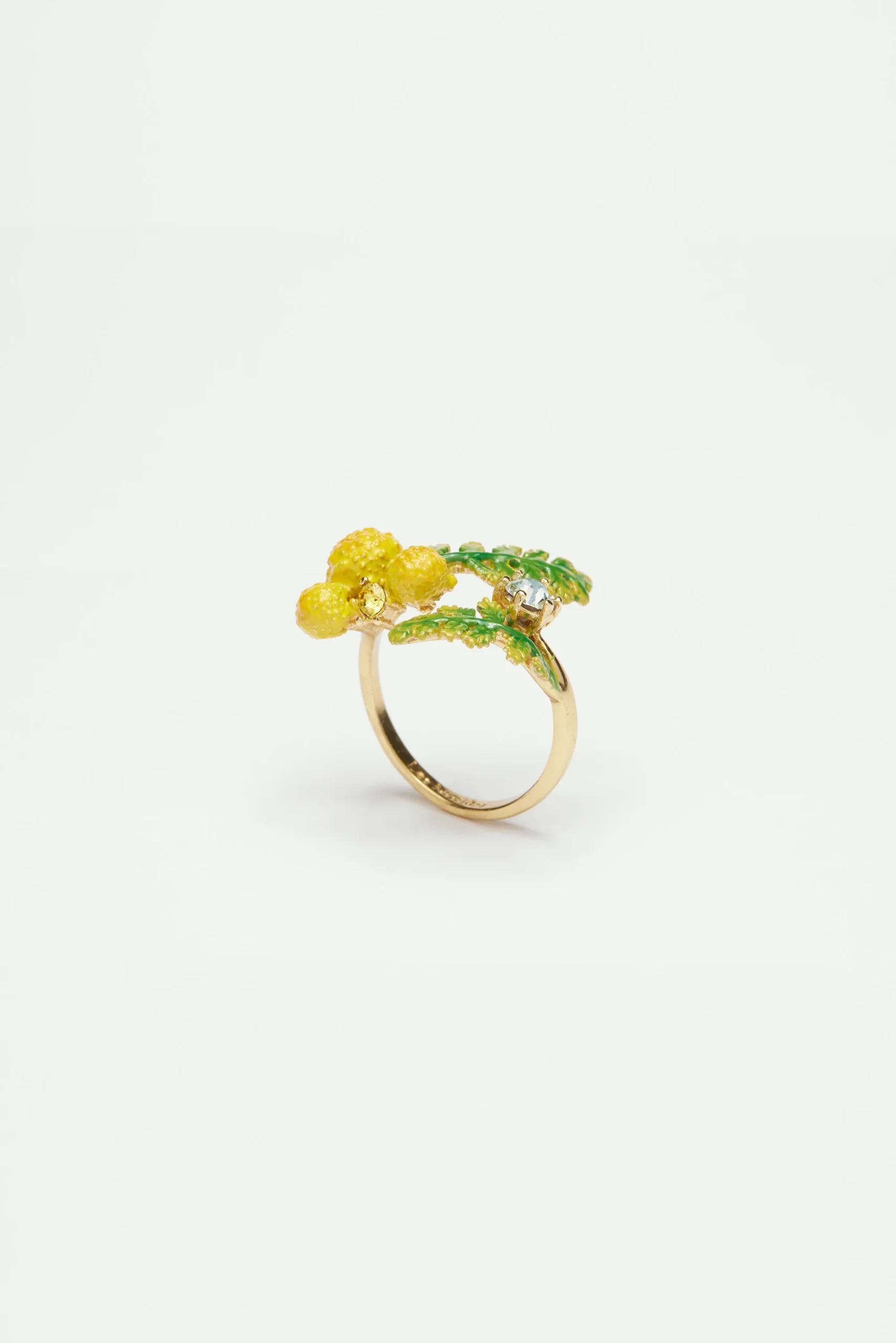 Bague ajustable double fougères et fleurs de mimosa