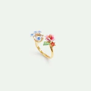 Bague ajustable fleurs d’hortensia et pierre ronde en verre facetté