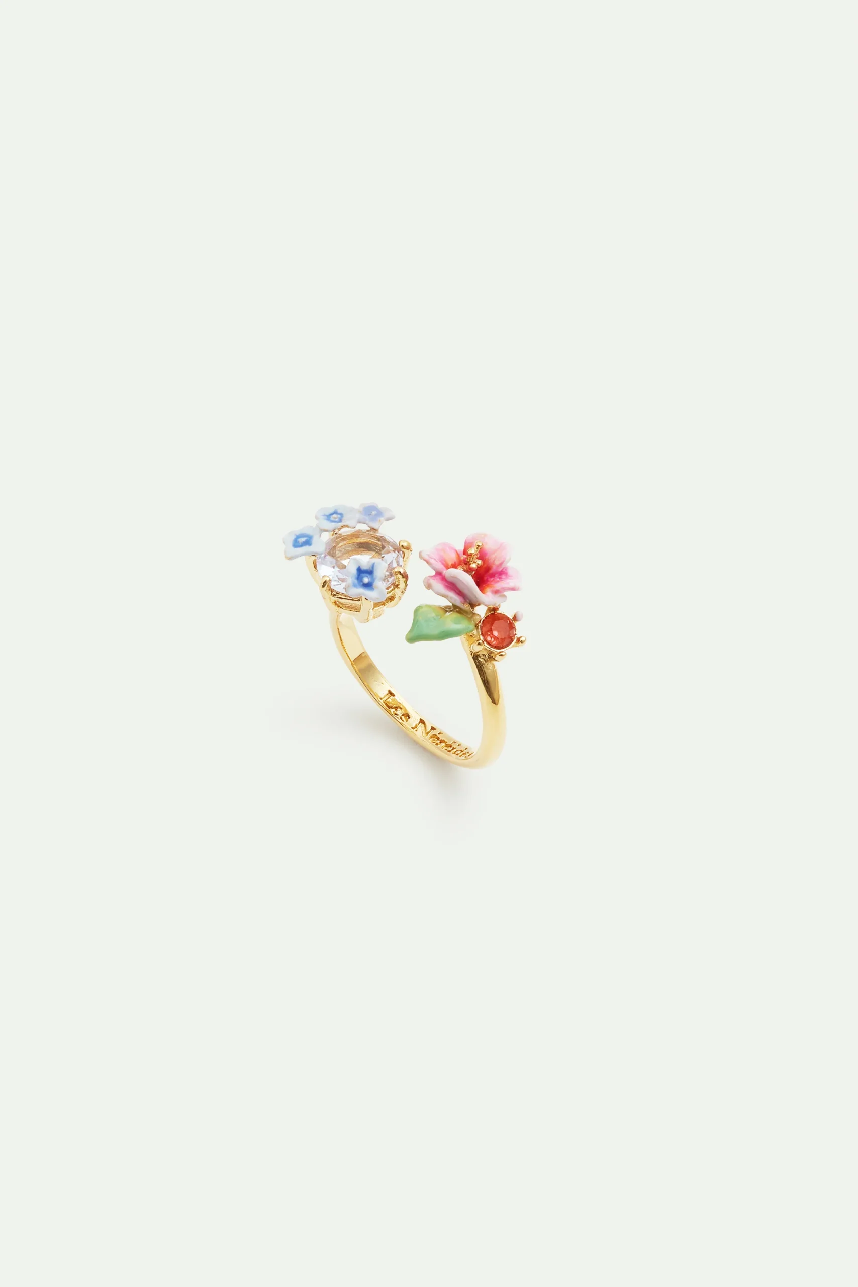 Bague ajustable fleurs d’hortensia et pierre ronde en verre facetté