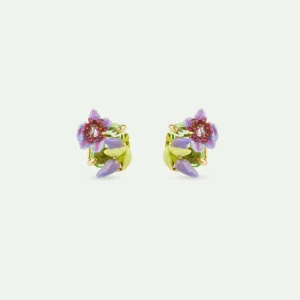Boucles d'oreilles tiges clématite violette, lierre et verre facetté taille émeraude vert