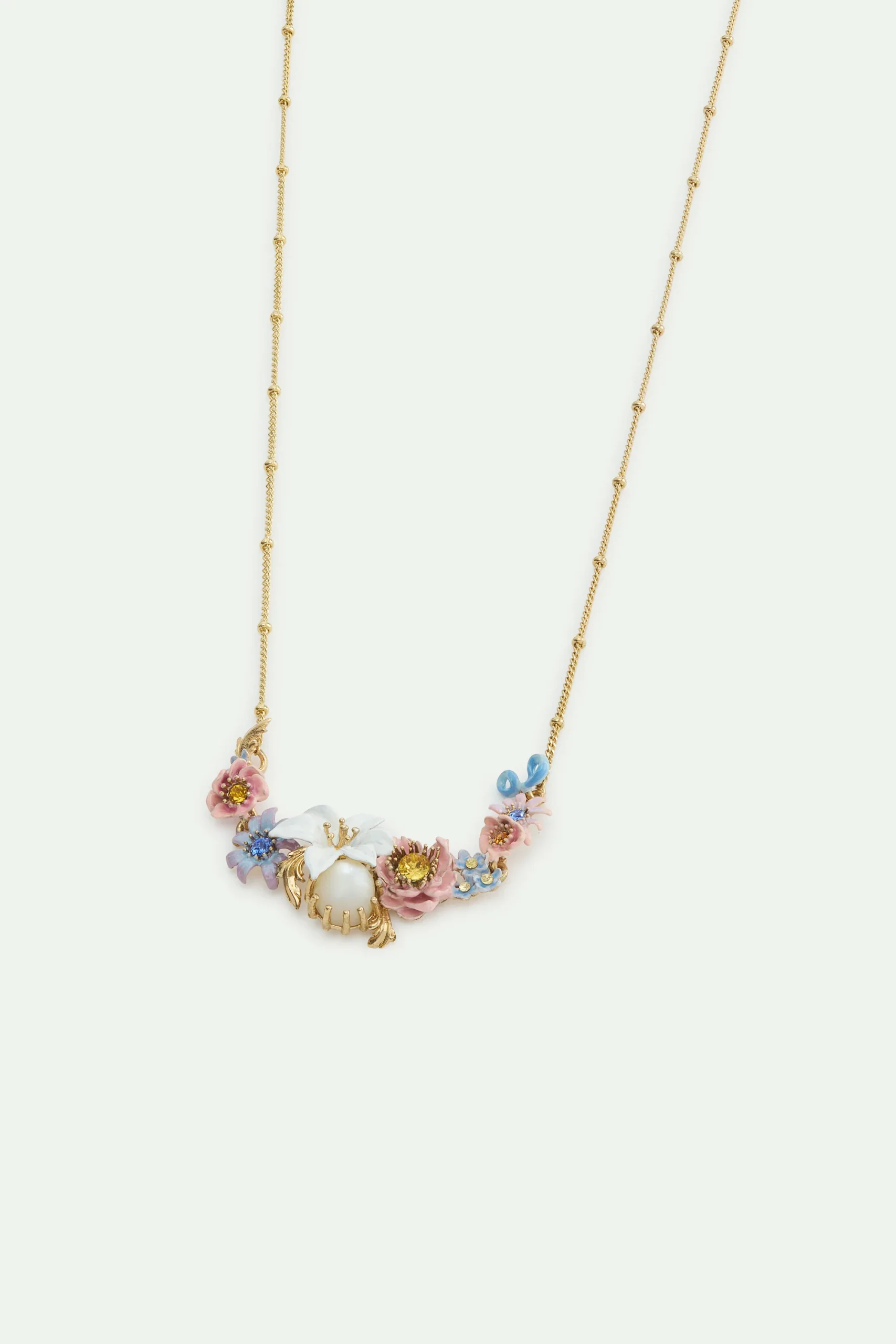 Collier plastron fleurs roses et bleues, fleur de lys et pierre ronde nacrée – Image 3