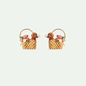 Boucles d'oreilles dormeuses panier, teckel et fleurs