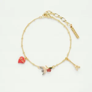 Bracelet fin Tour Eiffel, coeur, moineau et rose