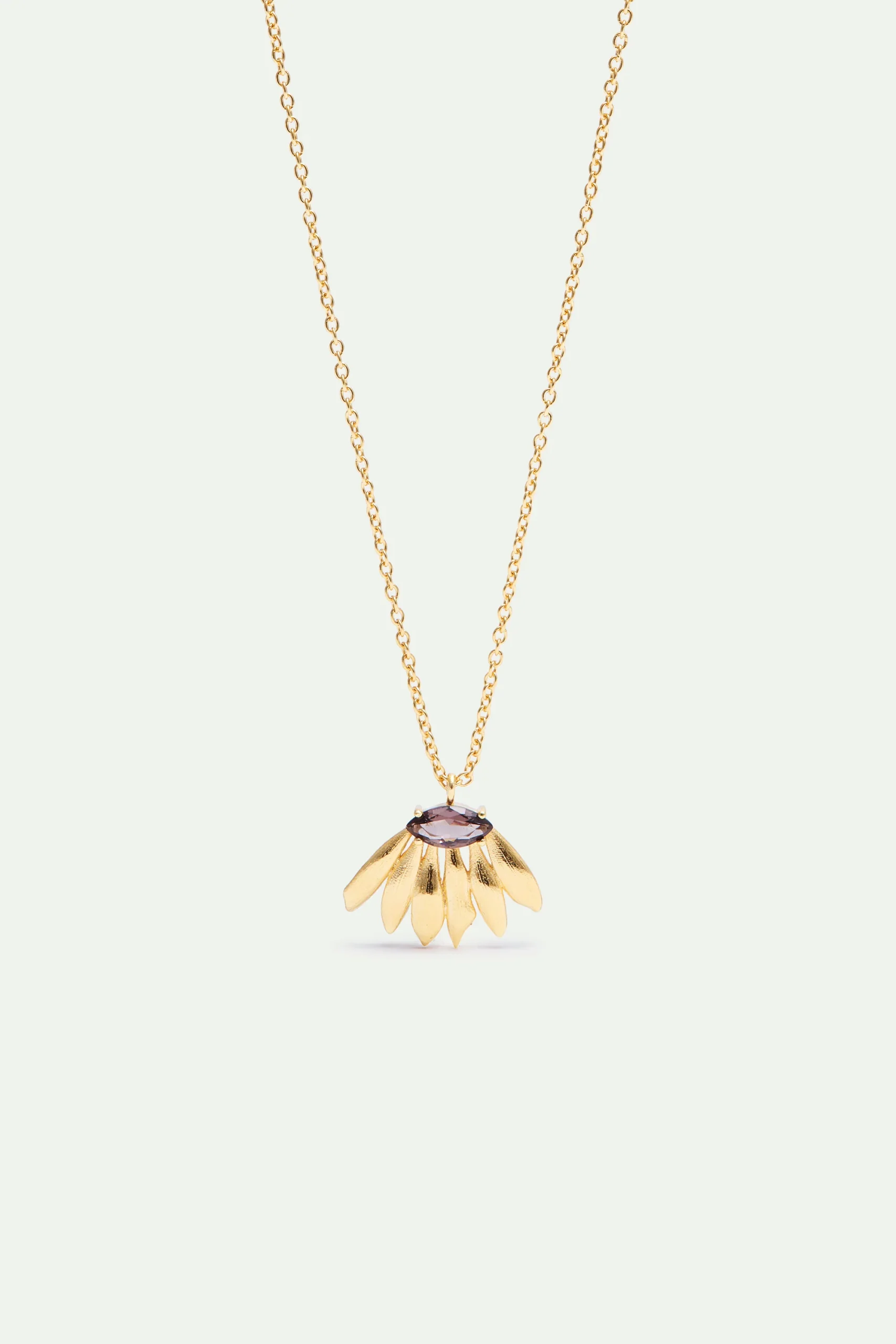 Collier pendentif doré feur de tournesol et pierre violette