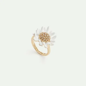 Bague pâquerette blanche et dorée, cœur pavé