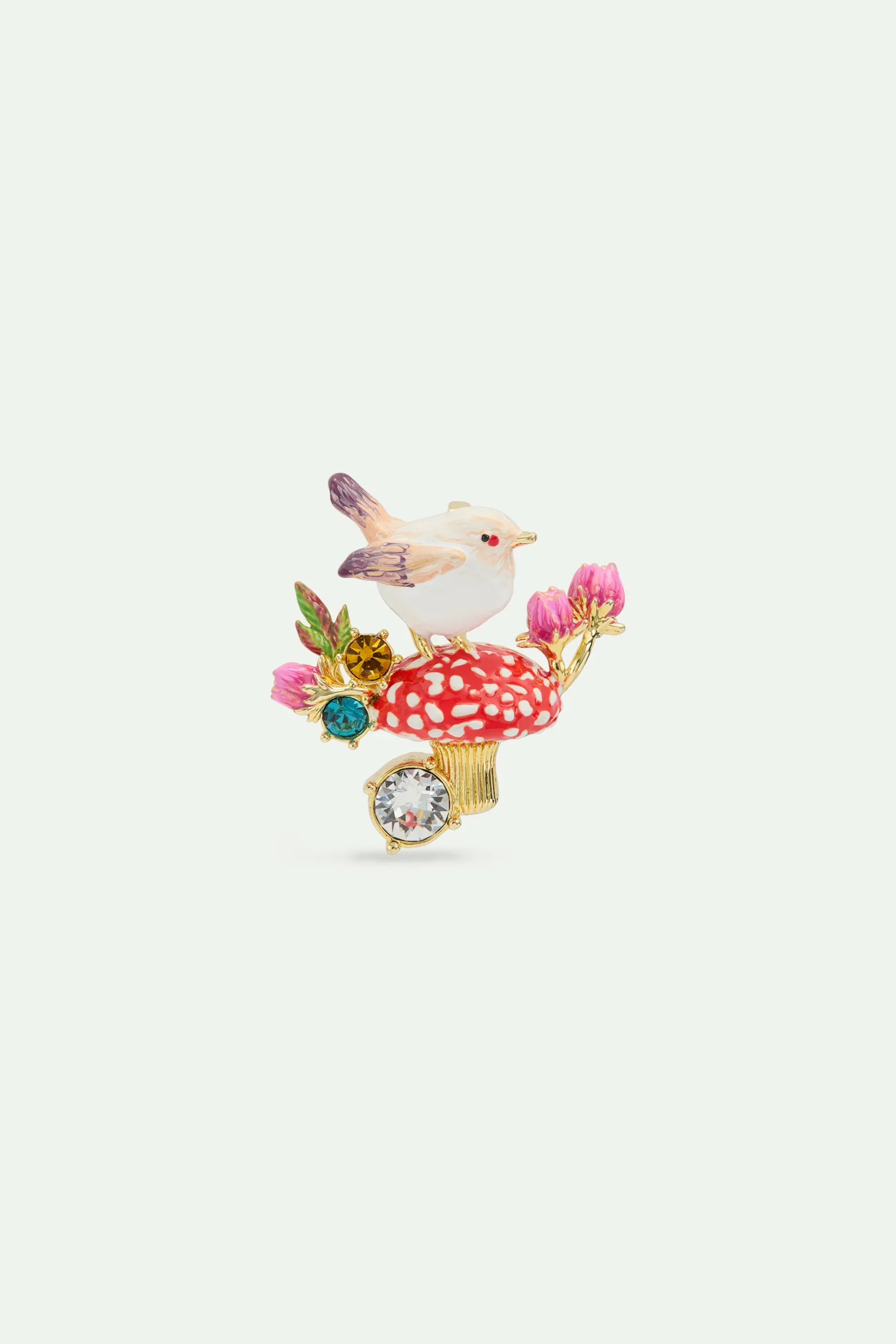 Broche plectrophane des neiges et champignon, bouton de rose et cristaux