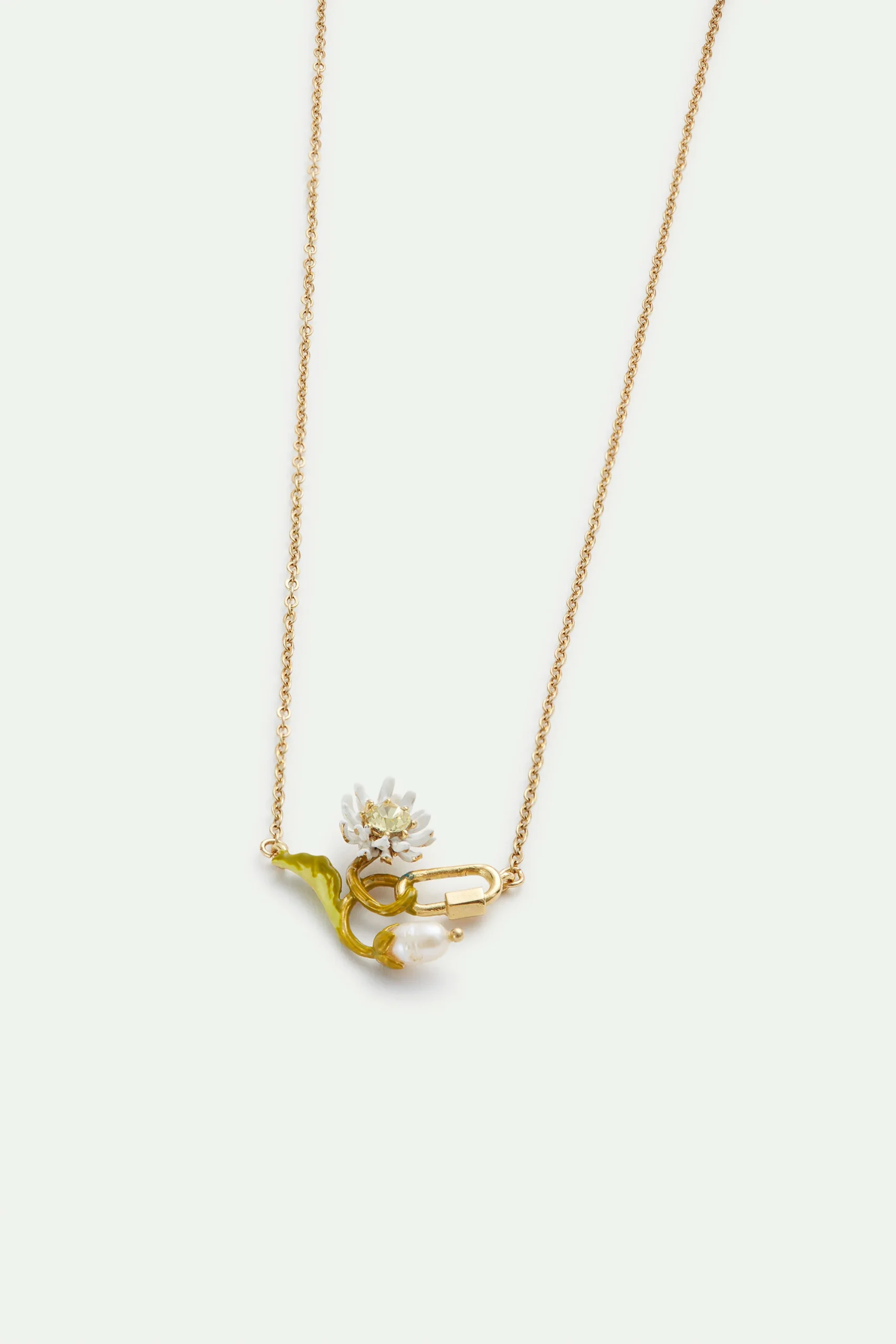 Collier fin pâquerette blanche et verte, perle nacrée, mousqueton – Image 3