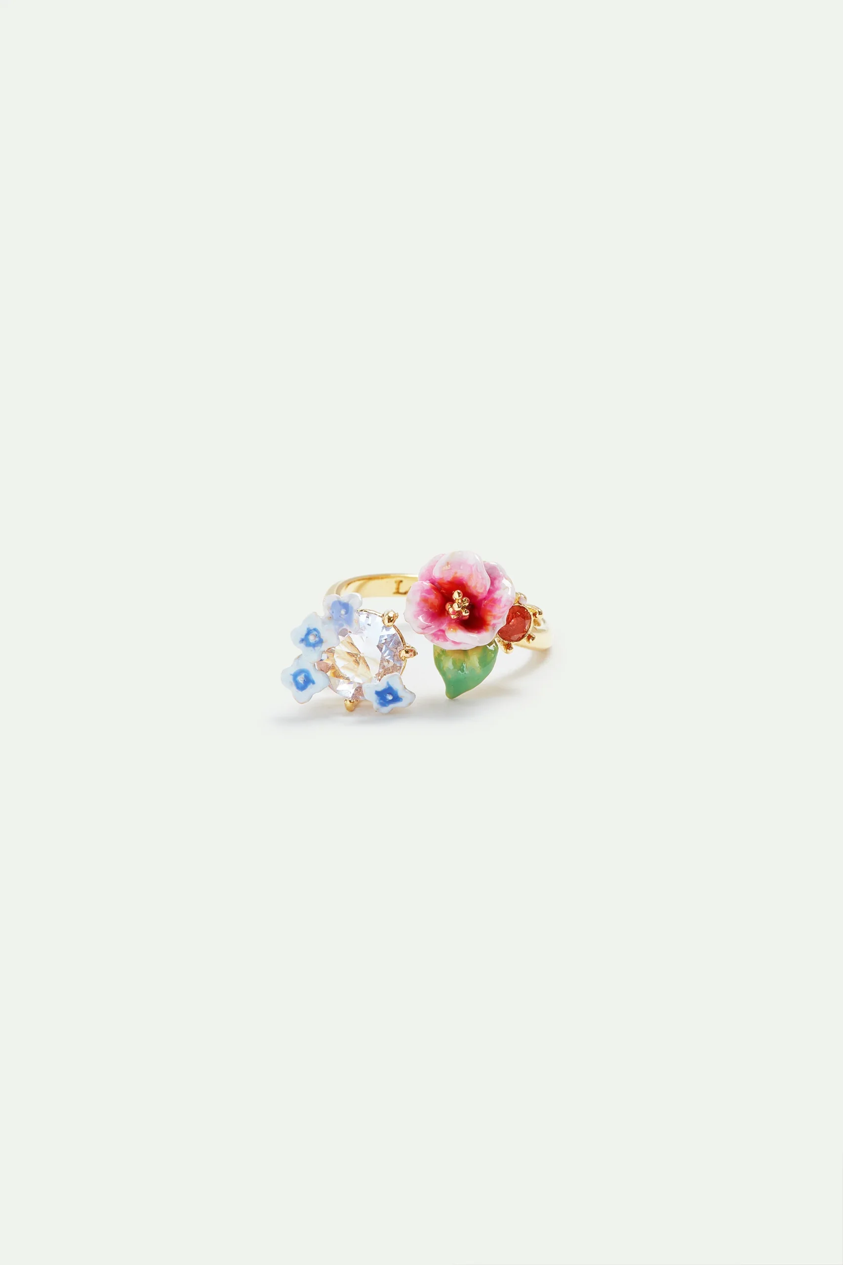 Bague ajustable fleurs d’hortensia et pierre ronde en verre facetté – Image 3
