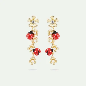 Boucles d'oreilles tiges pendantes duo de coccinelles et anémones des bois