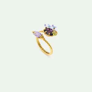 Bague ajustable pierre ronde, glycines et cristal violet