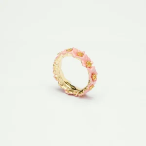 Bague fine fleurs roses et pistils dorés