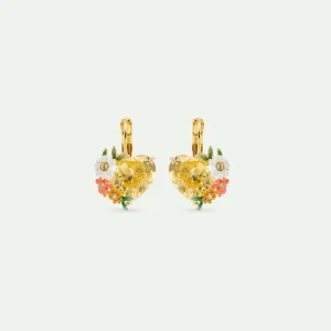 Boucles d'oreilles dormeuses cœur jaune, fleurs zinnias et pâquerettes