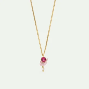 Collier pendentif verre taillé, glycine rose et perle de cristal facetté blanche