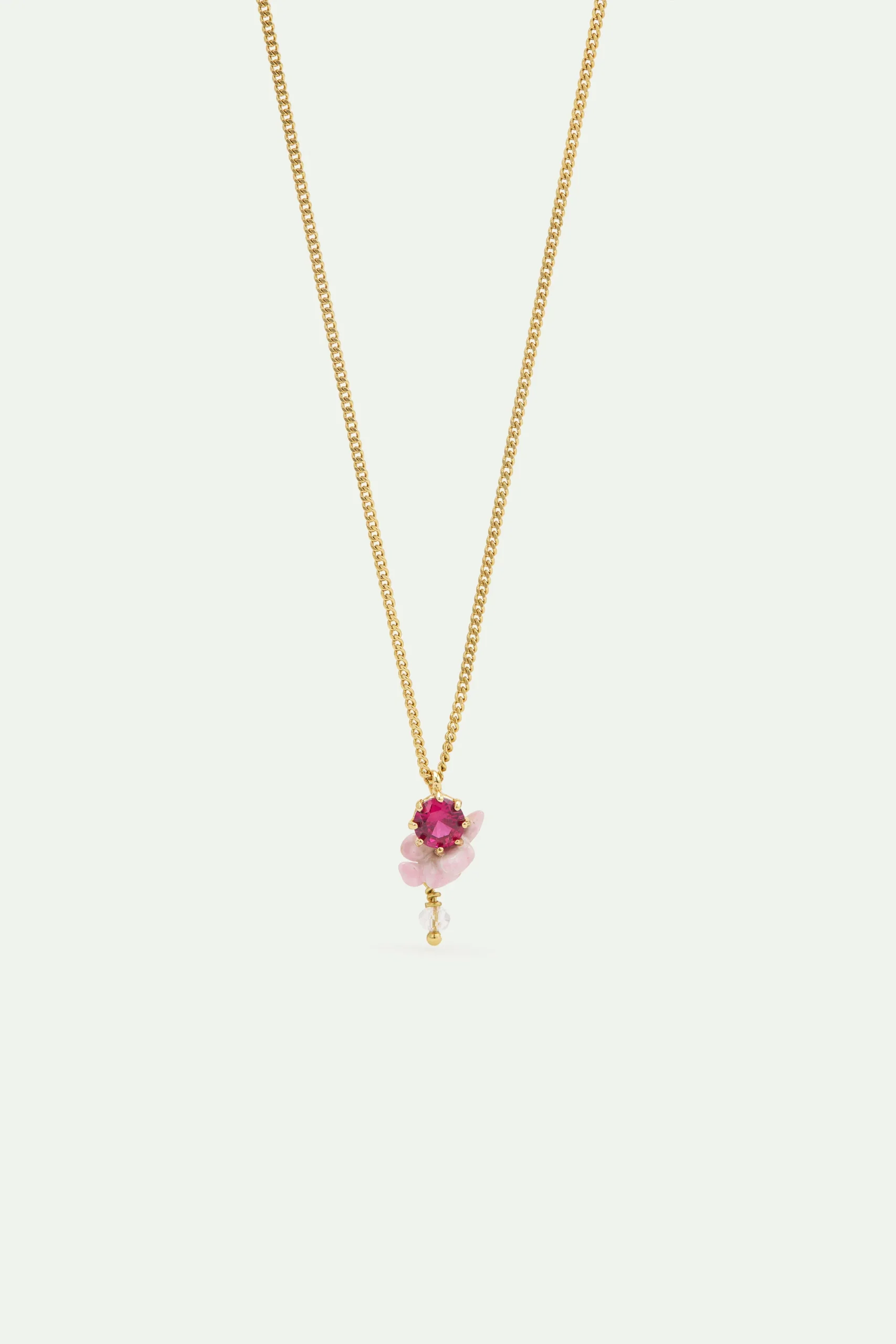 Collier pendentif verre taillé, glycine rose et perle de cristal facetté blanche