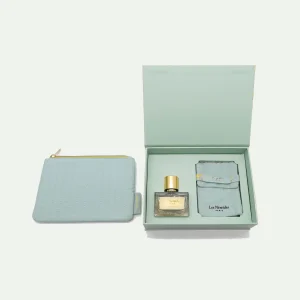 Coffret découverte parfum Pas de Velours 30ml, bracelet fleurs de vanille et verre facetté, trousse