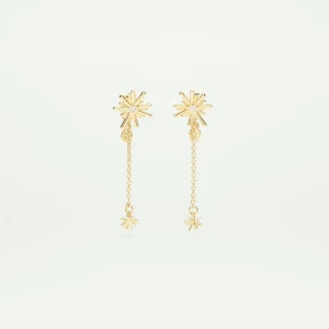 Boucles d'oreilles tiges pendantes étoiles dorées et pierre blanche